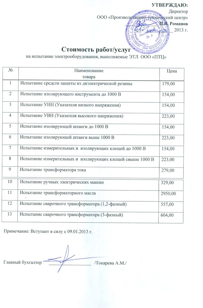 Прайс лист лаборатории