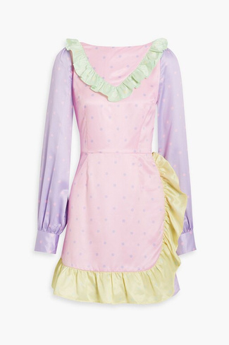Атласное платье мини с оборками в горошек OLIVIA RUBIN, розовый