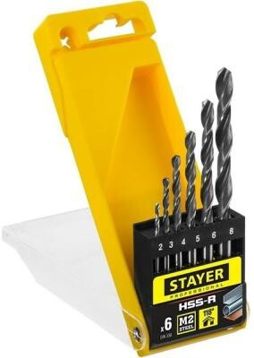 STAYER HSS-R, 6 шт, (2-8 мм), быстрорежущая сталь P6M5, класс В, набор сверл по металлу, Professional (29602-H6) Stayer