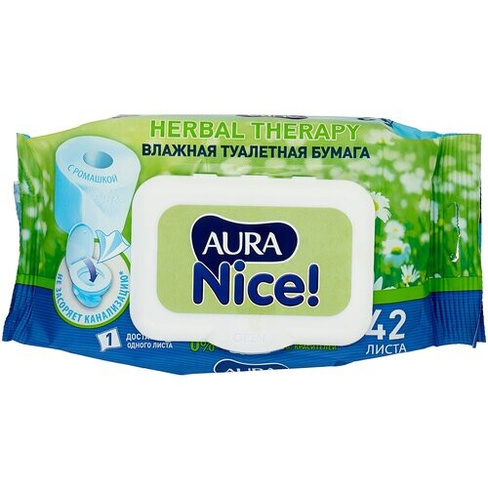 Влажная туалетная бумага Aura Nice Herbal therapy с ромашкой белая 42 лист., белый, ромашка