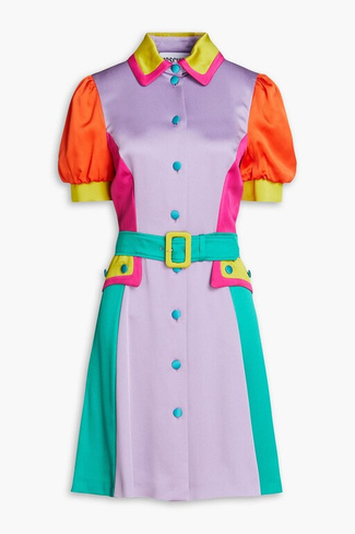 Платье-рубашка из атласного крепа со складками в стиле колор-блок MOSCHINO, сиреневый