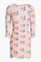 Мини-платье из эластичной сетки со сборками и цветочным принтом GANNI, розовый