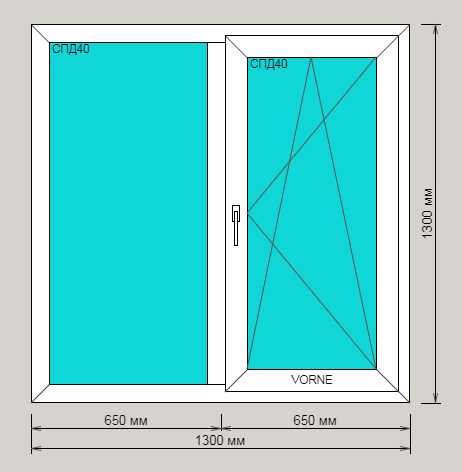 Окно ПВХ ORTEX пятикамерное 1300х1300 двухстворчатое с поворотно-откидной створкой