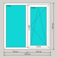 Окно ПВХ ORTEX пятикамерное 1300х1300 двухстворчатое с поворотно-откидной створкой