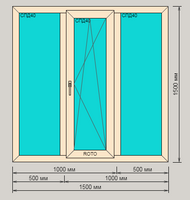 Окно ПВХ ORTEX ламинированное шестикамерное 1500х1500 трехстворчатое с поворотно-откидной створкой