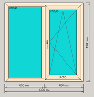 Окно ПВХ ORTEX ламинированное пятикамерное 1300х1300 двухстворчатое с поворотно-откидной створкой