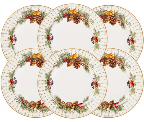 Набор новогодних тарелок обеденных Торжество, 27 см, 6 штук (Шишки бел.)