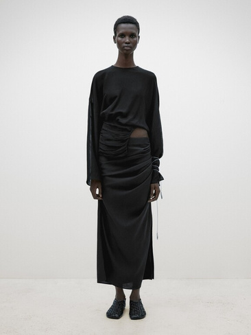 Длинная юбка из смесового льна со сборками Massimo Dutti, черный